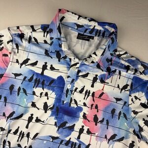 Sunday Swagger Polo Shirt Mens Medium Blue Tye Dye Golf S/S Performance AOP Bird